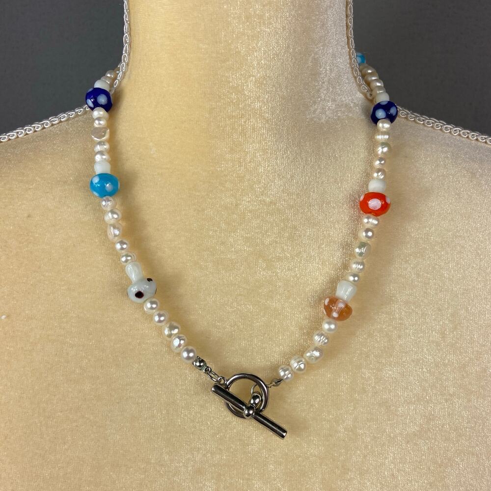 Multi Color Glass Bead Mushroom Pearl Necklace 20 Inches Necklace - Picture 2 of 8